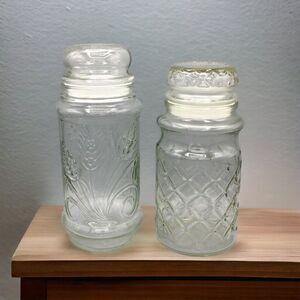 Planters Peanuts Set Wheat & Diamond Embossed Clear Glass Canisters with Lids